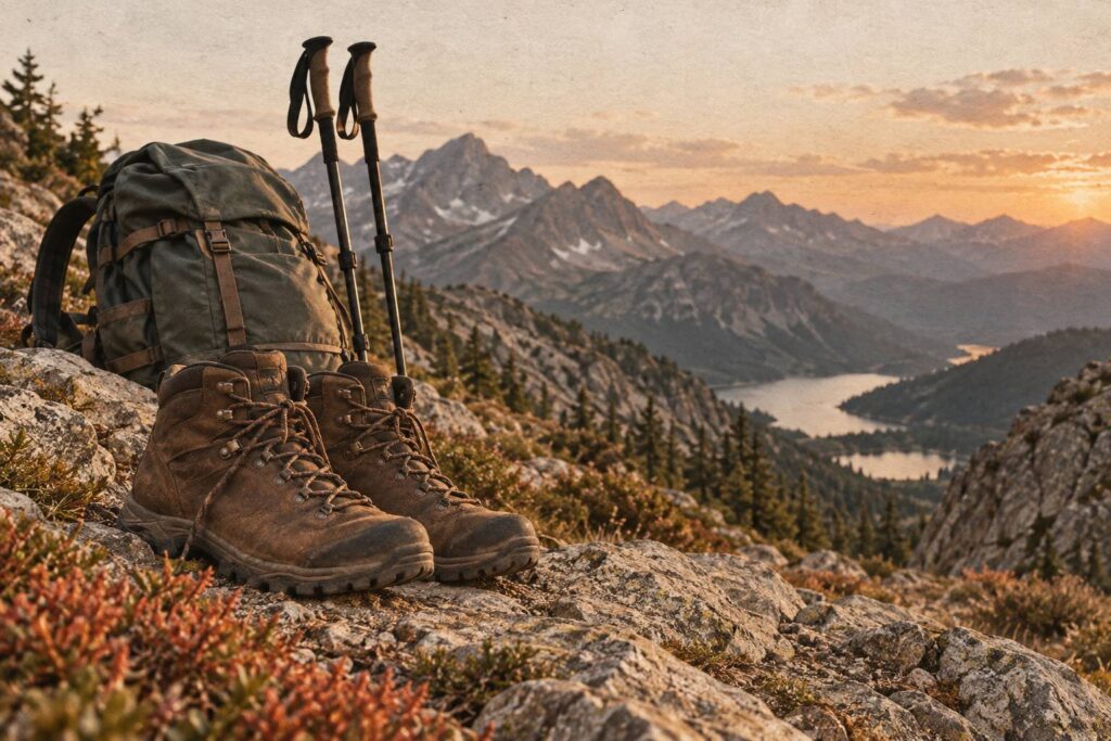 Vue large d'une paire de chaussures de randonnée montantes posées sur un sentier rocheux : tige haute en cuir,