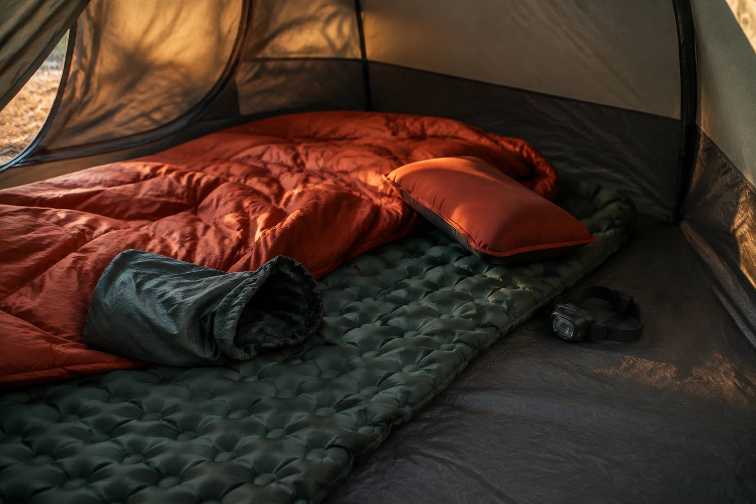 Matelas isolant et sac de couchage déroulés dans une tente avec oreiller gonflable