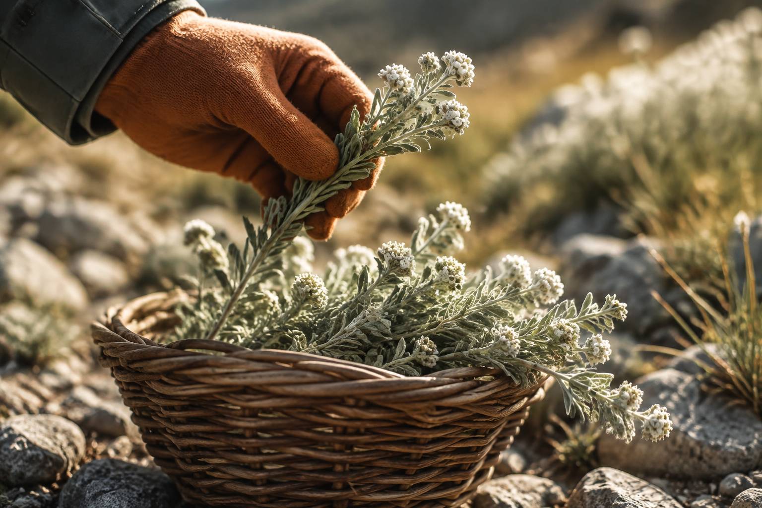 Main gantée tenant un pied de génépi fleuri au-dessus d’un panier en osier