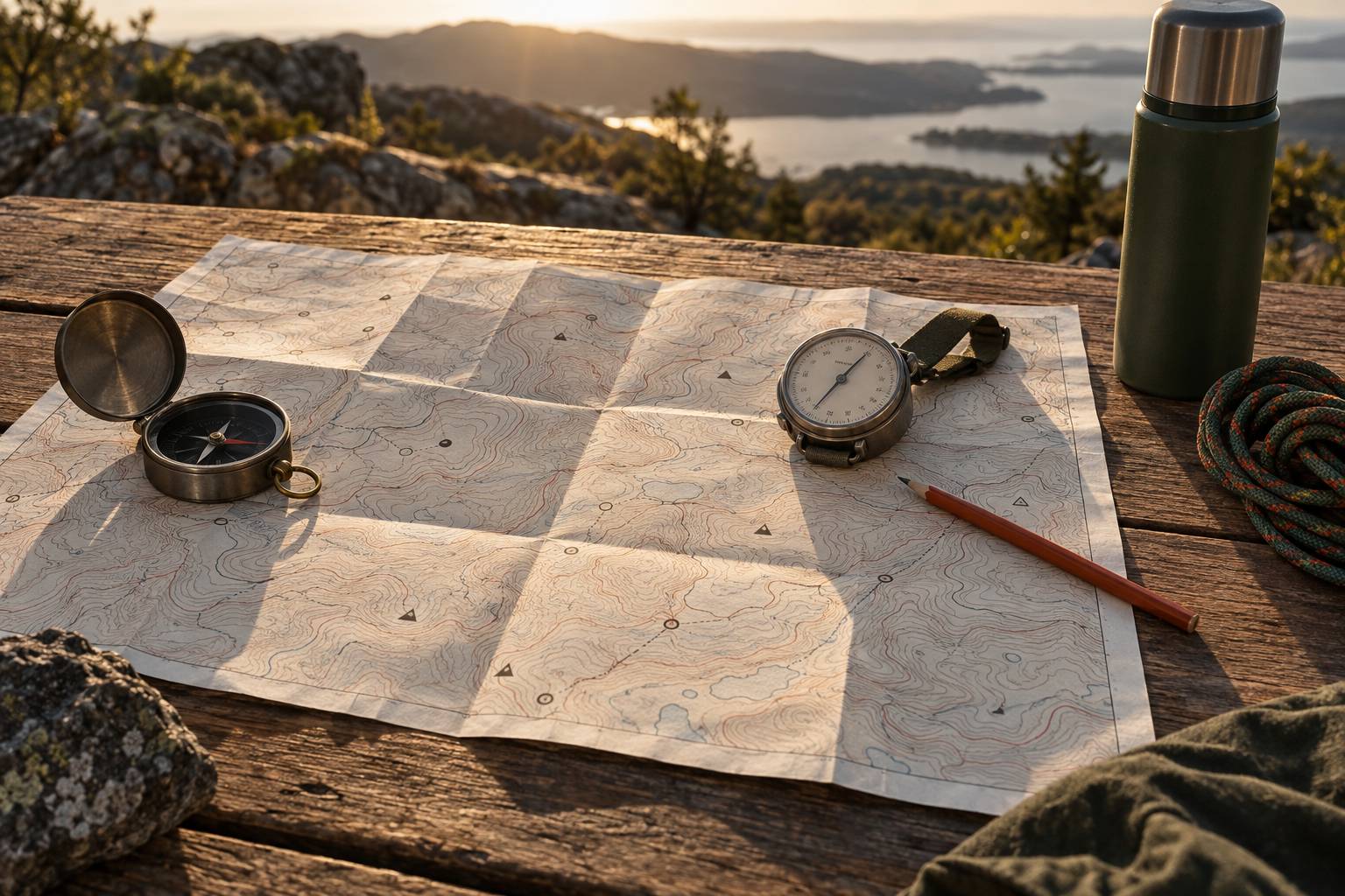 Carte topographique et boussole pour préparer une ascension en montagne