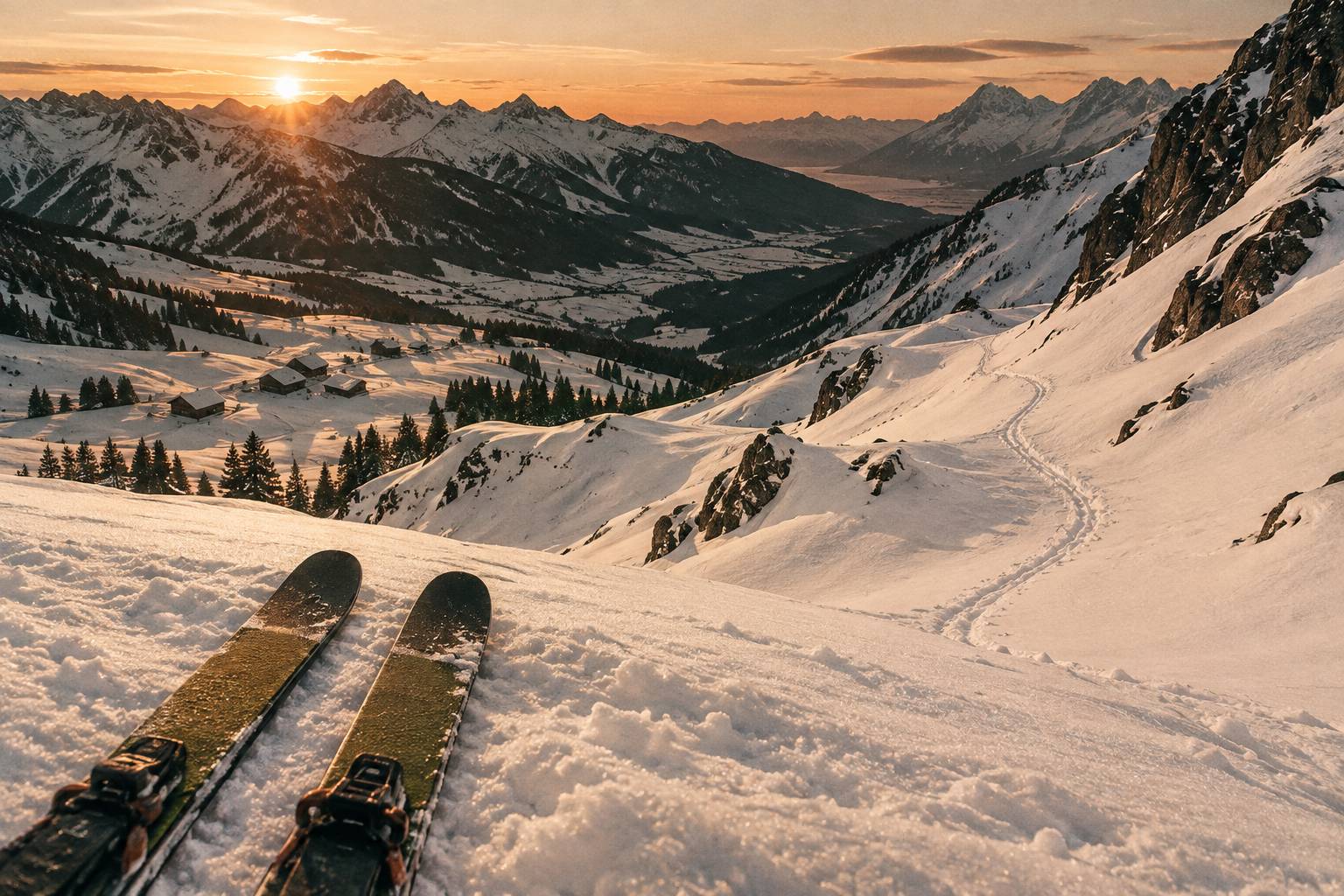 Chaussures de ski de randonnée et piolet sur un rocher enneigé
