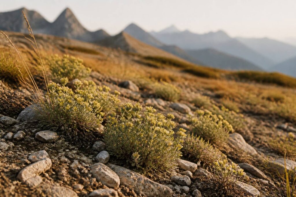 Pieds de génépi à fleurs jaunes sur un sol minéral de haute montagne en fin de journée