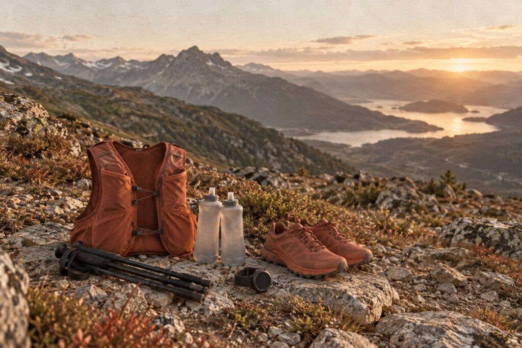 Gilet d'hydratation de trail et flasques souples posés sur un sentier caillouteux