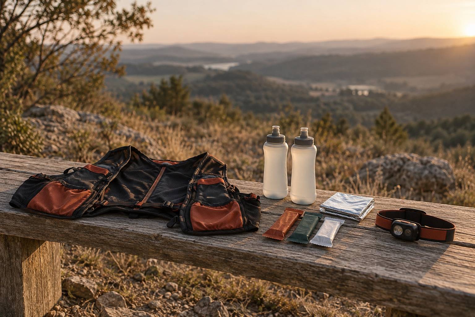 Gilet de trail ouvert sur un banc avec flasques et matériel de course