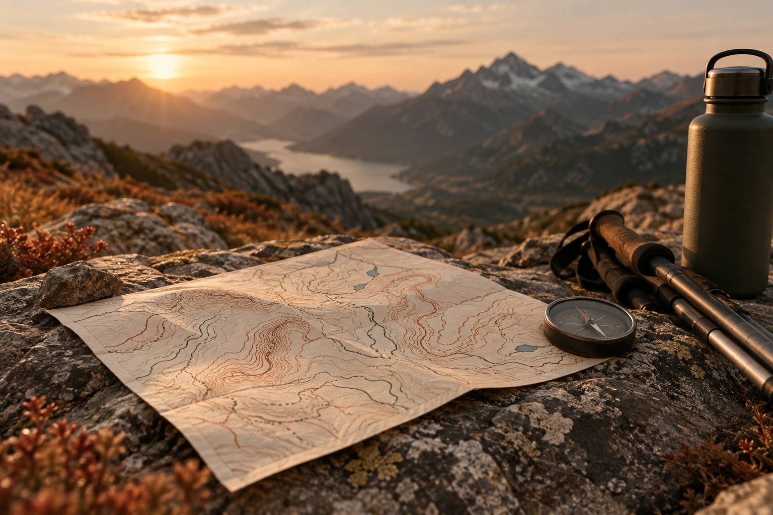 Gros plan sur une carte topographique, une boussole et des bâtons de marche