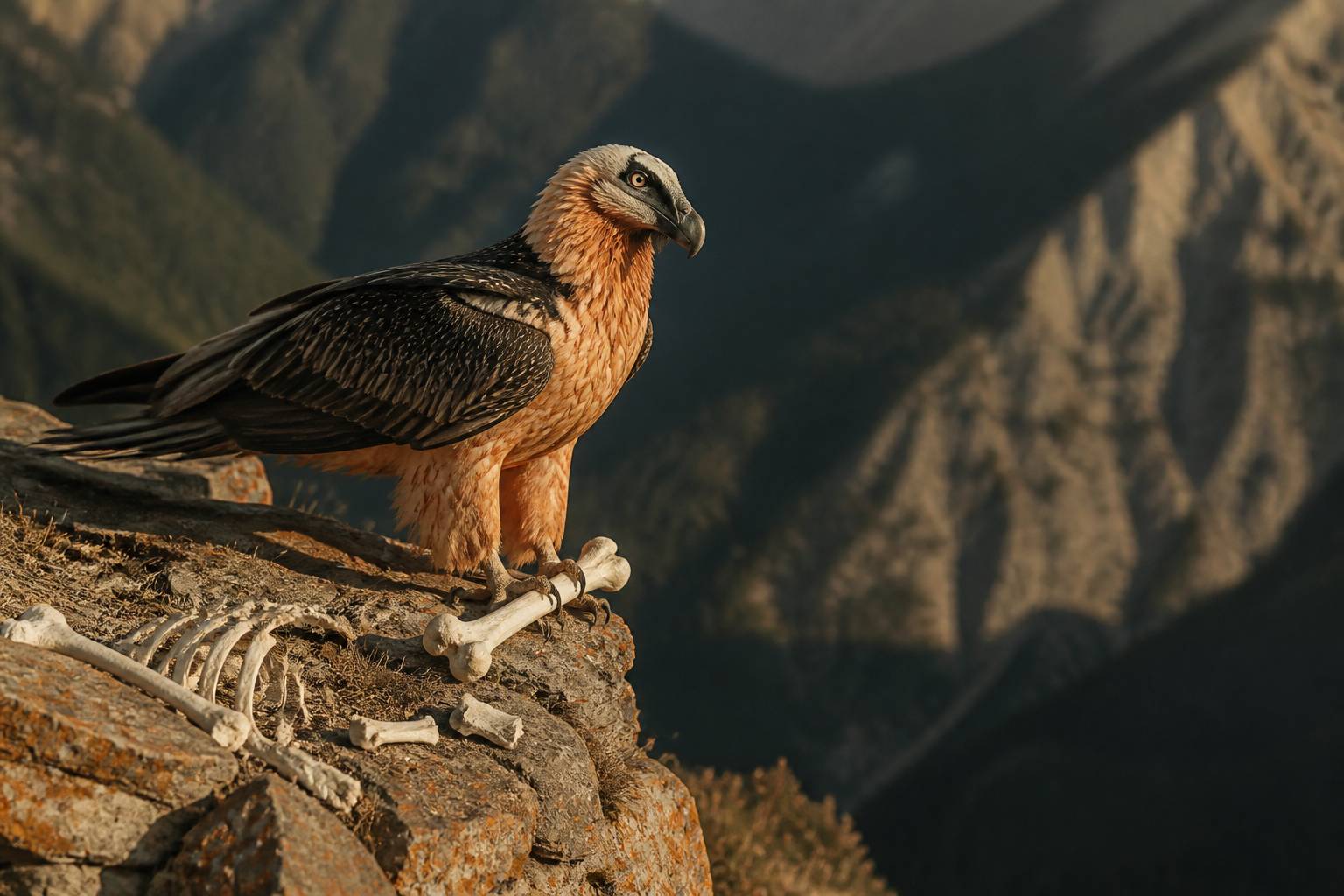 Gypaète barbu posé sur un rocher de montagne avec un os, illustrant son régime alimentaire