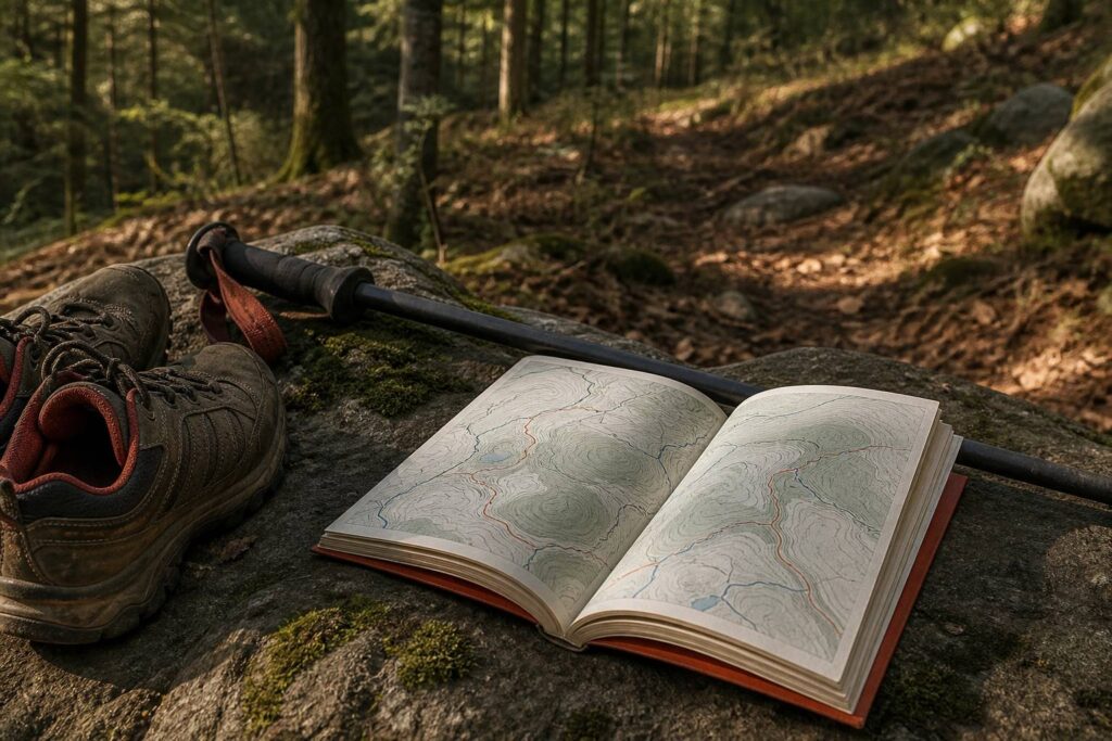 Topoguide de randonnée ouvert sur une carte avec sentiers posé sur un rocher en pleine nature