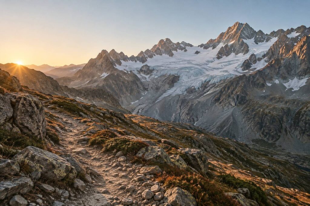 Glacier et crêtes du massif des Écrins avec un sentier