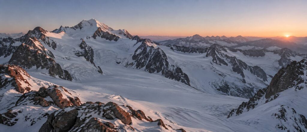 Glacier et crêtes enneigées du Mont Rose au petit matin
