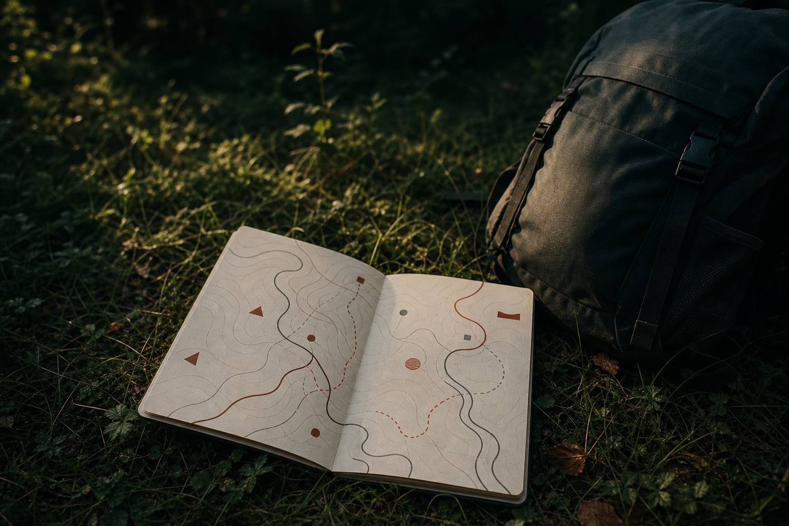 Page de topoguide ouvert avec carte et symboles de balisage posée sur l'herbe