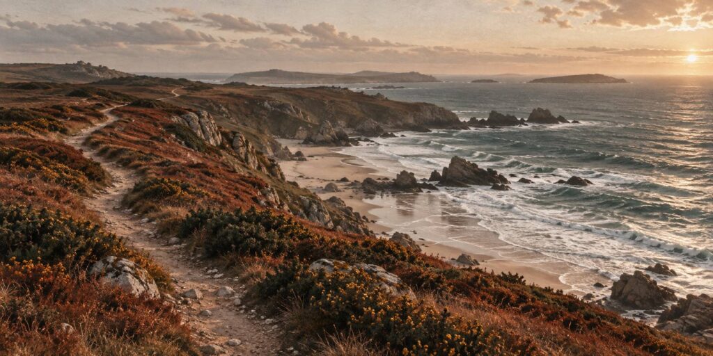 Sentier côtier surplombant une plage océanique en Bretagne en fin de journée