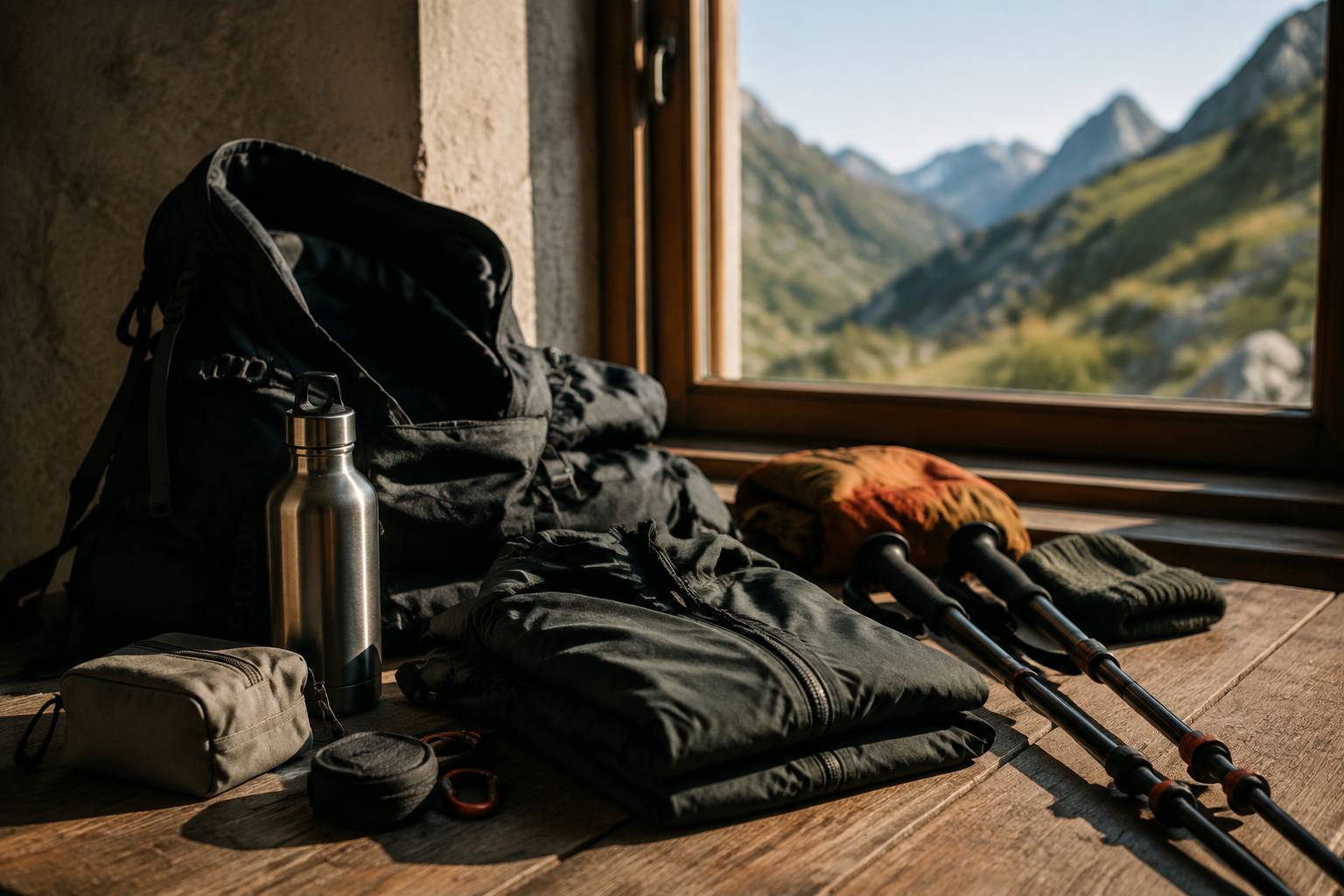 Équipement de randonnée posé sur une table de refuge