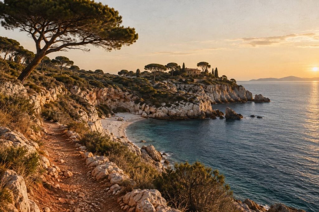 Illustration éditoriale du sujet : Sentier du littoral au cap d'Antibes : boucle, durée et accès
