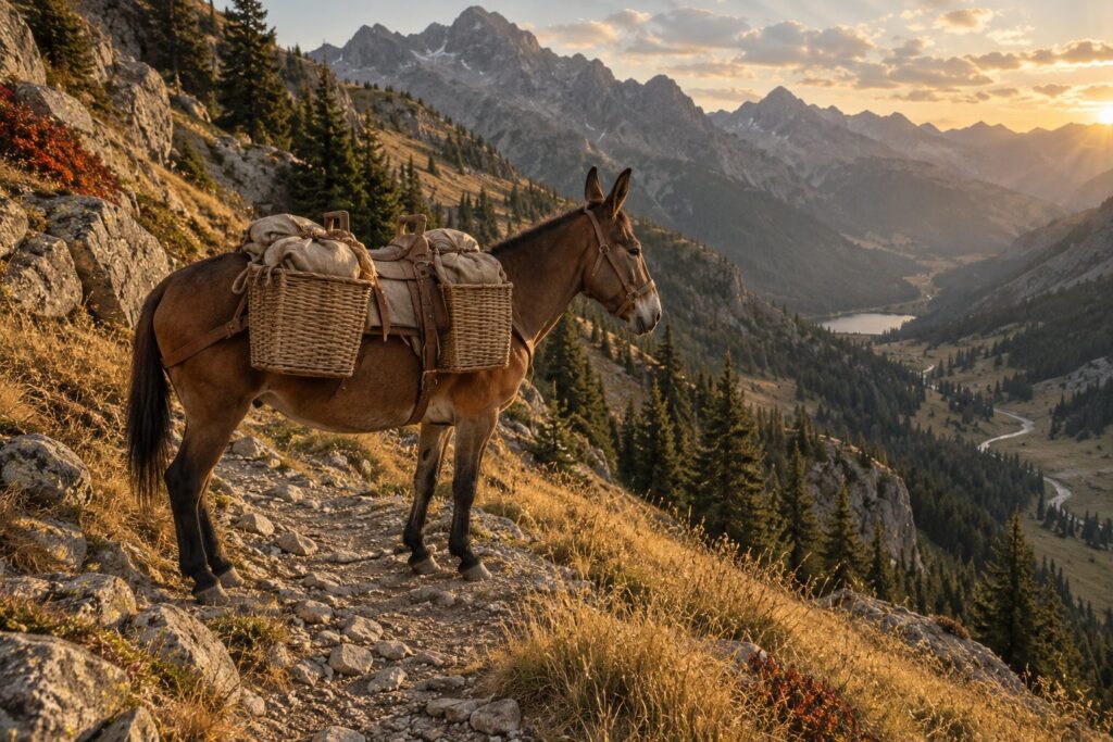 Mulet bâté portant deux paniers d'osier sur un sentier de montagne au-dessus d'une vallée